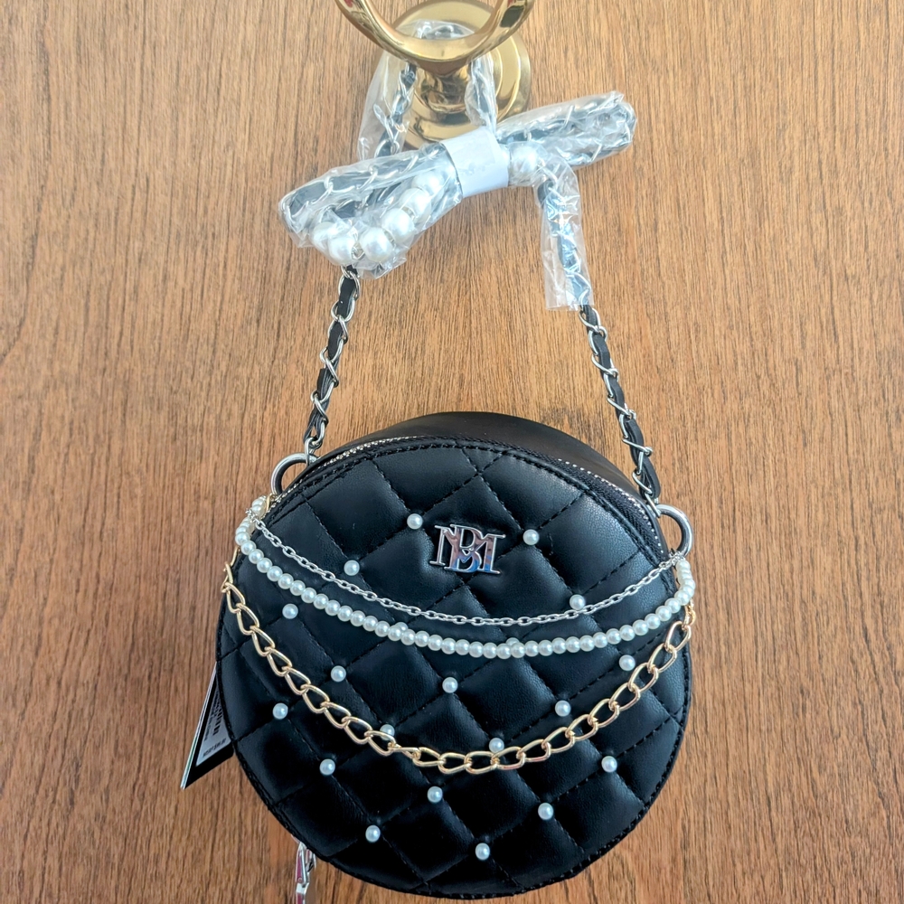 Badgley Mischka Black Quilted Crossbody Bag with Pearl Chain